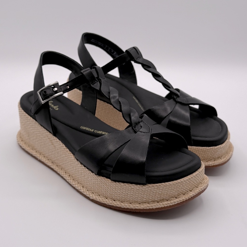 CLARKS BLACK LEATHER KIMMEI TWIST SANDAL 7.5
